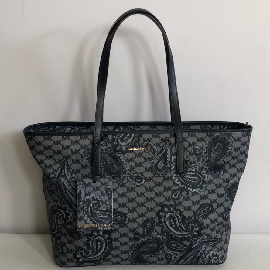 Michael Kors Paisley Navy Tote Top Zip Bag Large